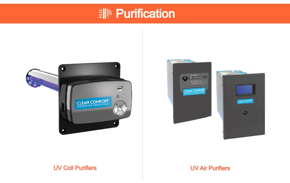 Amana Clean Comfort purification product options. UV Coil and air purification devices hooking up directly to your furnace.