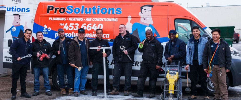 furnace installation van with group of employees from prosolutions plumbing, heating & ac.