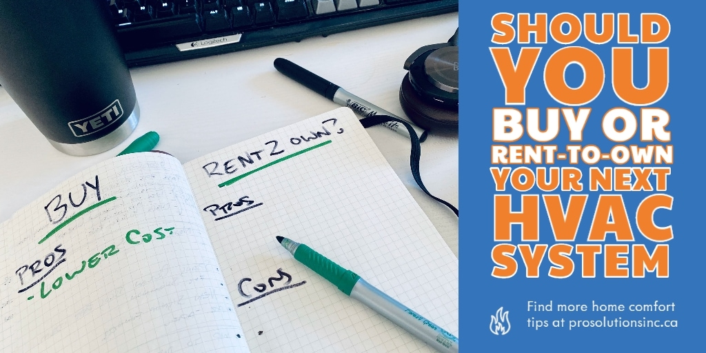 notebook with pros and cons of buying, financing or rent to own a furnace system. White table with Yeti tumbler and B&O H8i headphones.
