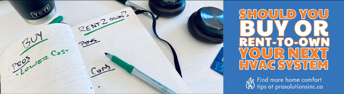 notebook with pros and cons of buying, financing or rent to own a furnace system. White table with Yeti tumbler and B&O H8i headphones.